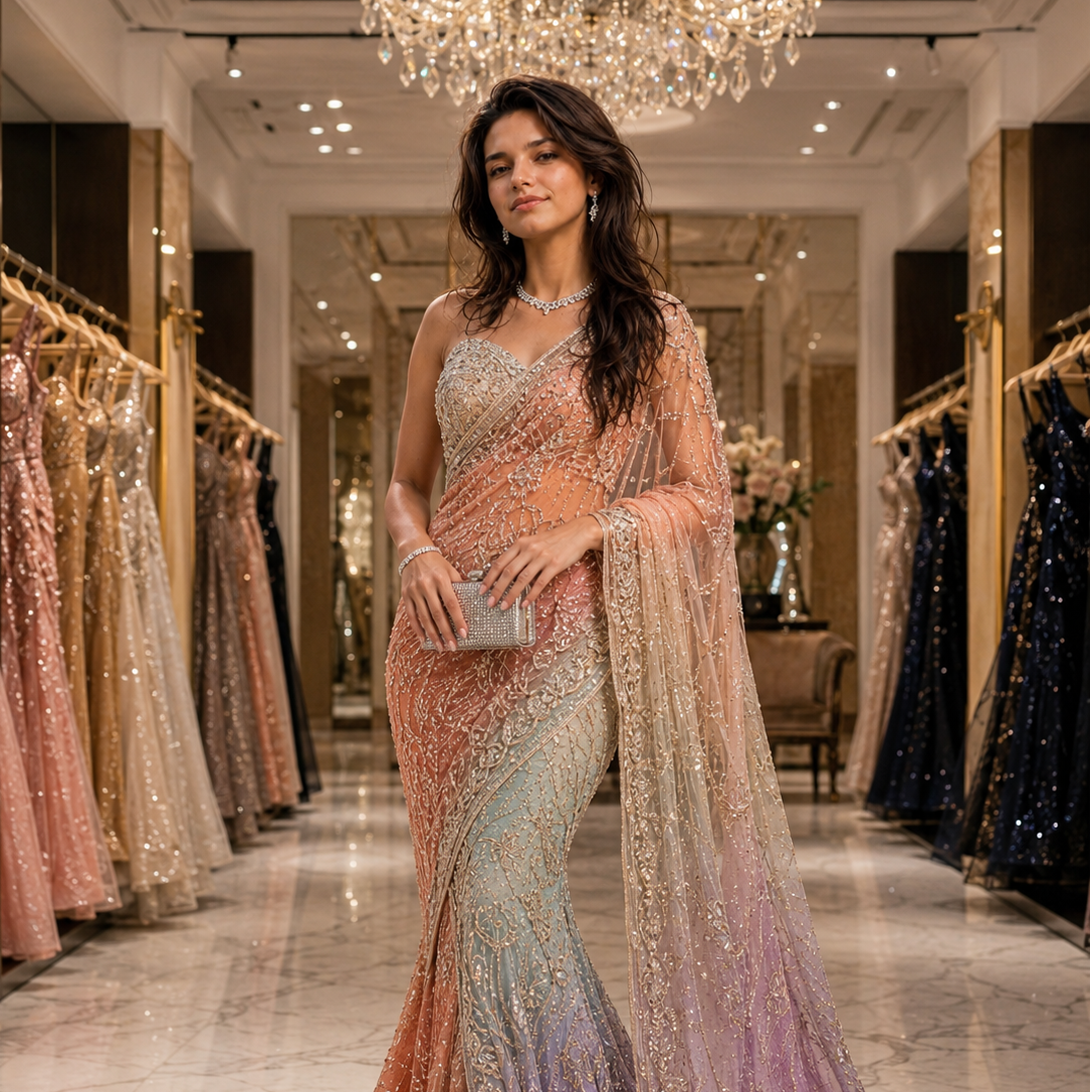 Rainbow Mermaid Saree Gown Luxey